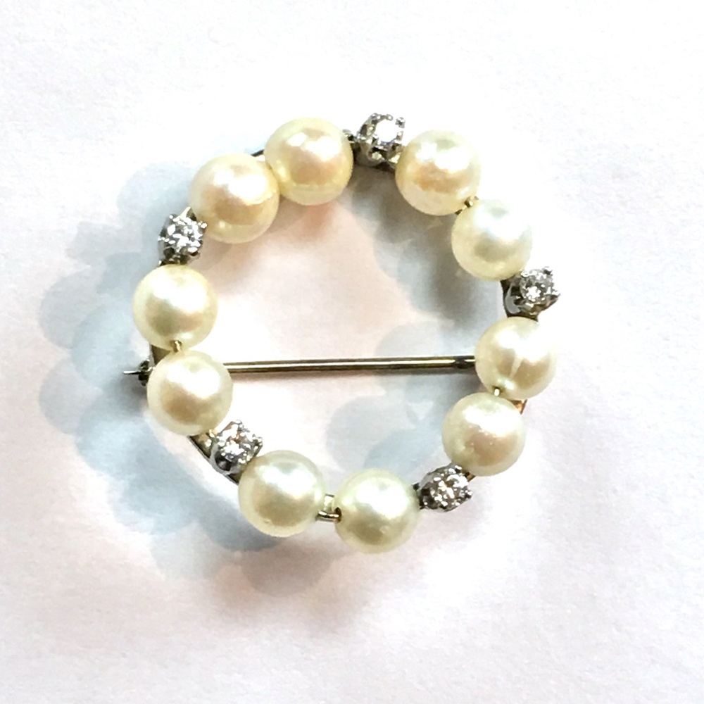 BEAUTIFUL VS DIAMOND & PEARL BROOCH PIN SOLID WHITE 14K GOLD